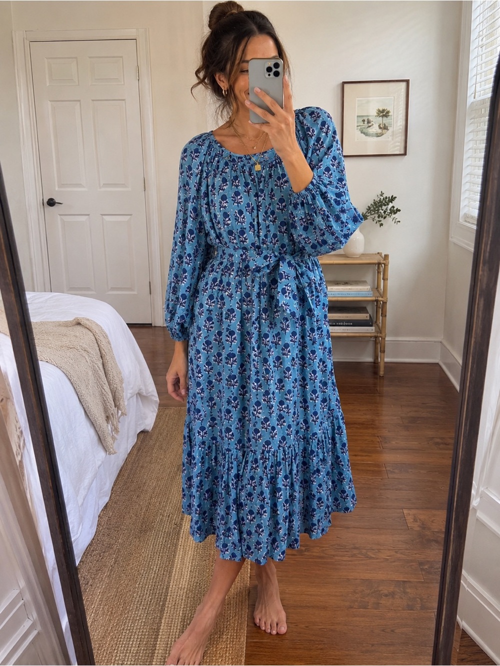 Emerson Fry India Collection Blue Floral Print Organic Cotton Maxi Dress Size L